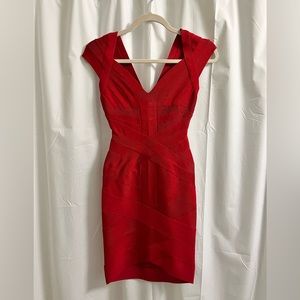 Herve Leger Red Kate Bandage Bodycon Cap Sleeve Dress XXS